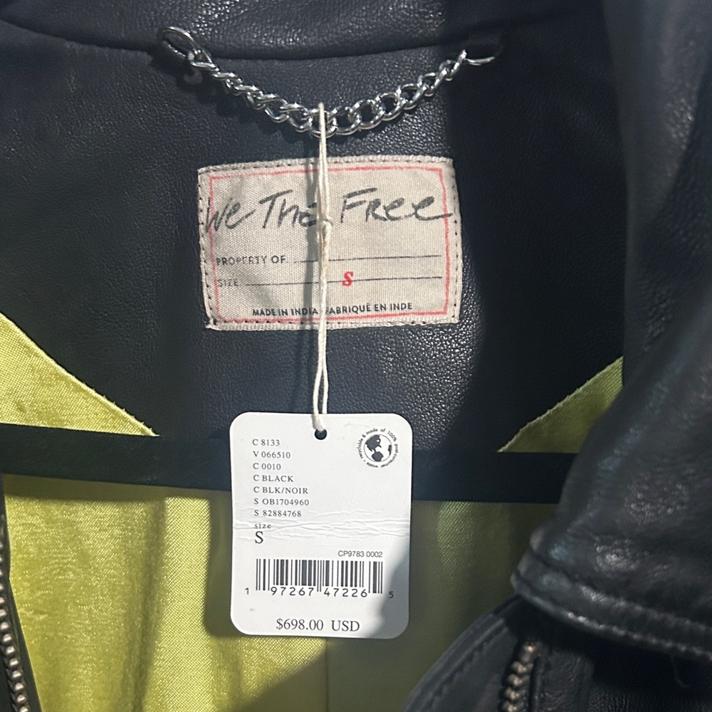 We The Free Black Leather Jacket with Chain Detail